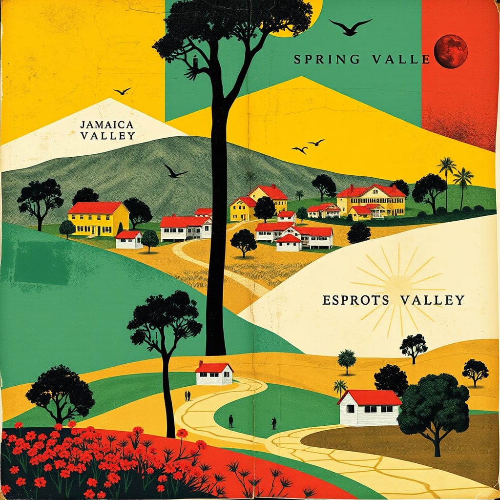 vintage collage of spring valley community of Jamaica, in relation to the poeple, impact on its people expand branding, jamaica brand