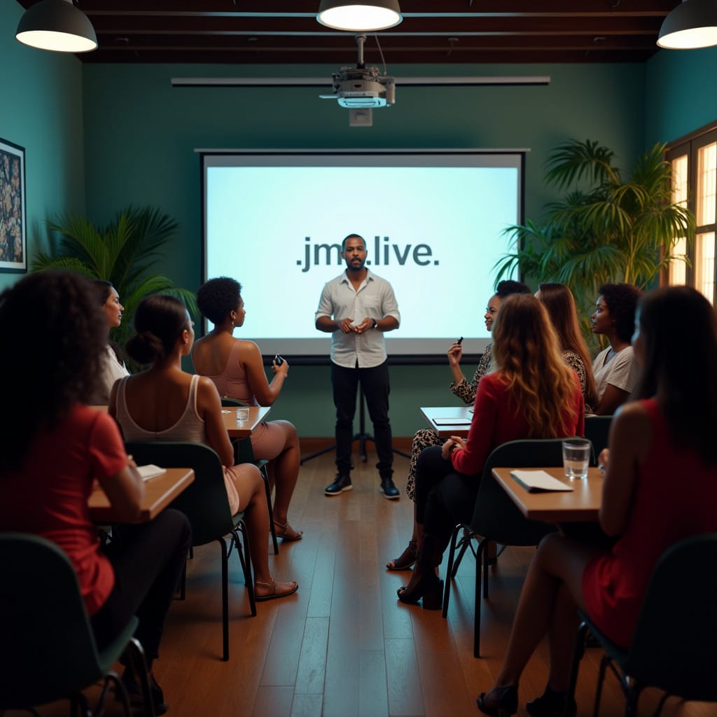 n engaging scene set in a vibrant Caribbean conference room, showing a lecturer giving a presentation to a diverse, multicultural audience of reporters. The audience includes beautiful, professionally dressed women of various ethnicities, including black and white individuals. The room is equipped with a modern projector screen displaying the text '.jm.live' prominently. The setting features subtle Caribbean elements like tropical plants or colorful accents. The atmosphere is lively and professional, with reporters holding notepads and cameras, focused intently on the presentation.