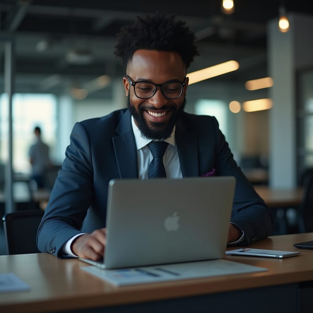 Multiracial Portuguese Jamaican mid adult businessman with beard standing smiling at desk with laptop reviewing data in bright business office wearing suit